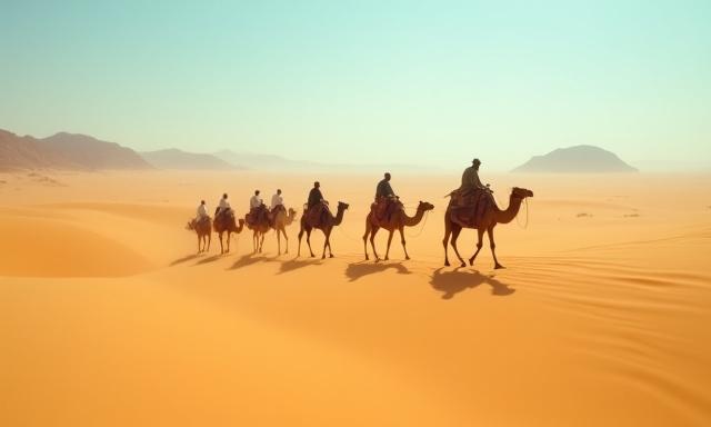 Eine Karawane von Nomaden, die auf Kamelen durch eine weite Wüstenlandschaft zieht, passend zu den Nomaden-Novellen.
