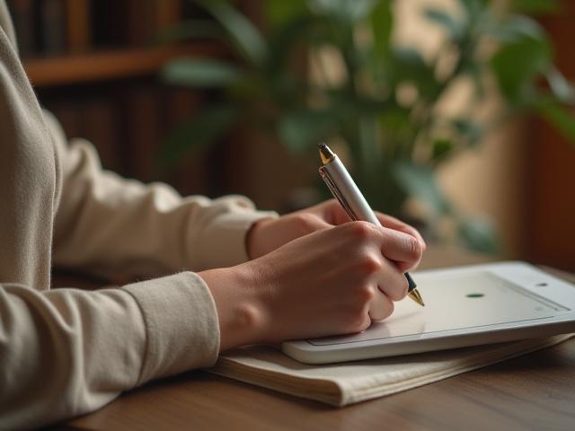 Person schreibt an einem Tablet in einer ruhigen Oasen-Umgebung