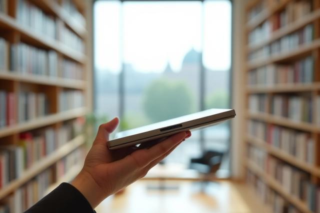 Helle, luftige Bibliothek mit hohen Regalen voller Bücher, fokus auf eine hand die ein e-reader hält, im Hintergrund die Wiender skyline.